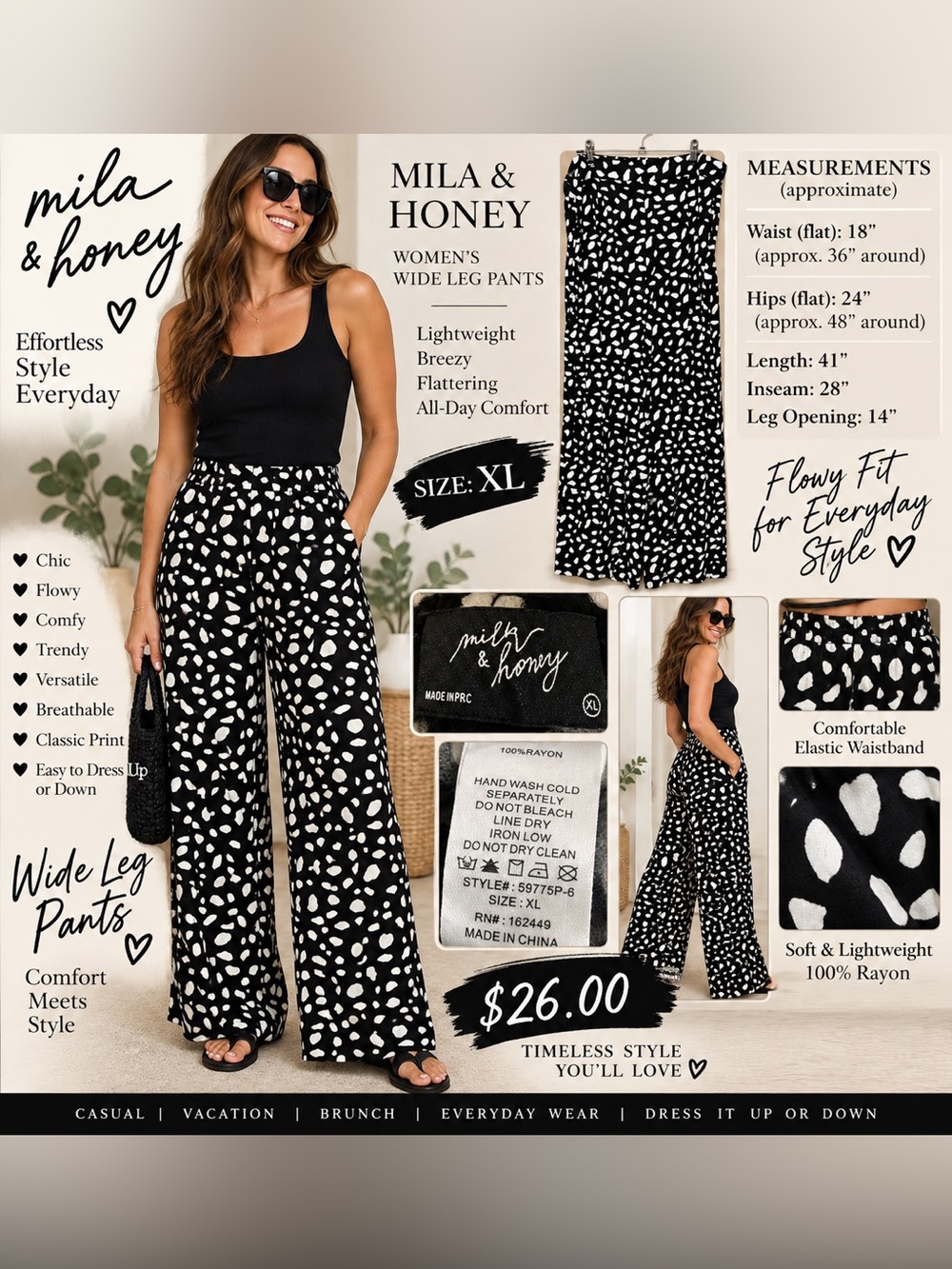 Black & White Wide Leg Palazzo Pants - Modern Spot Print